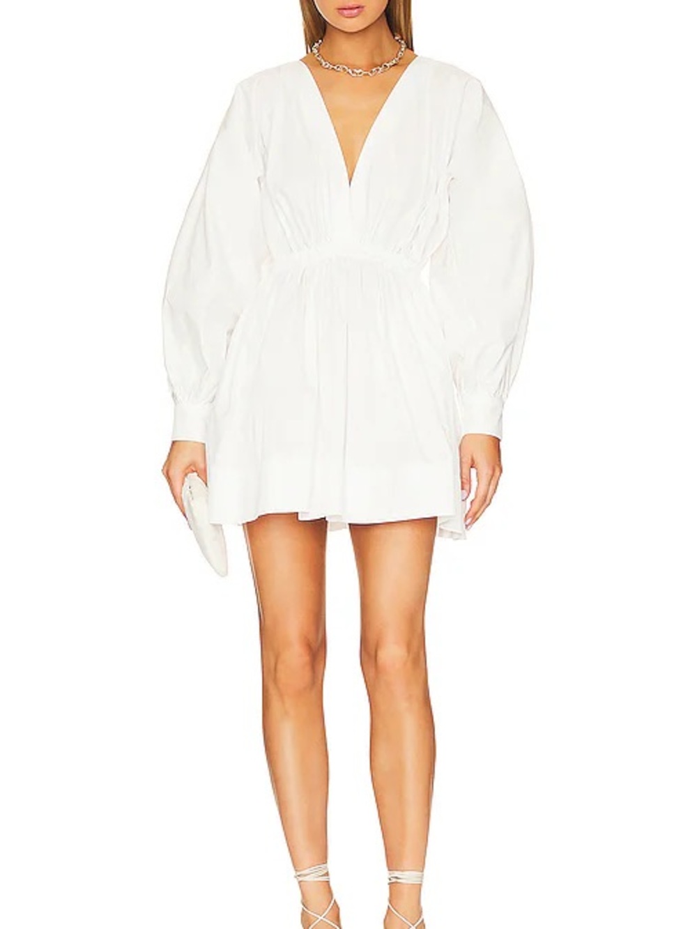 White V-Neck Long Sleeve Mini Dress